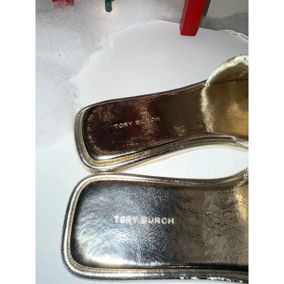 Tory Burch Miller Metal Logo Slides Gold Metallic Leather Sandals Women Size 8 - Picture 5 of 9